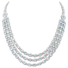 Aquamarine Colour Topazs, Diamonds, 14 Karat White and Rose Gold Necklace