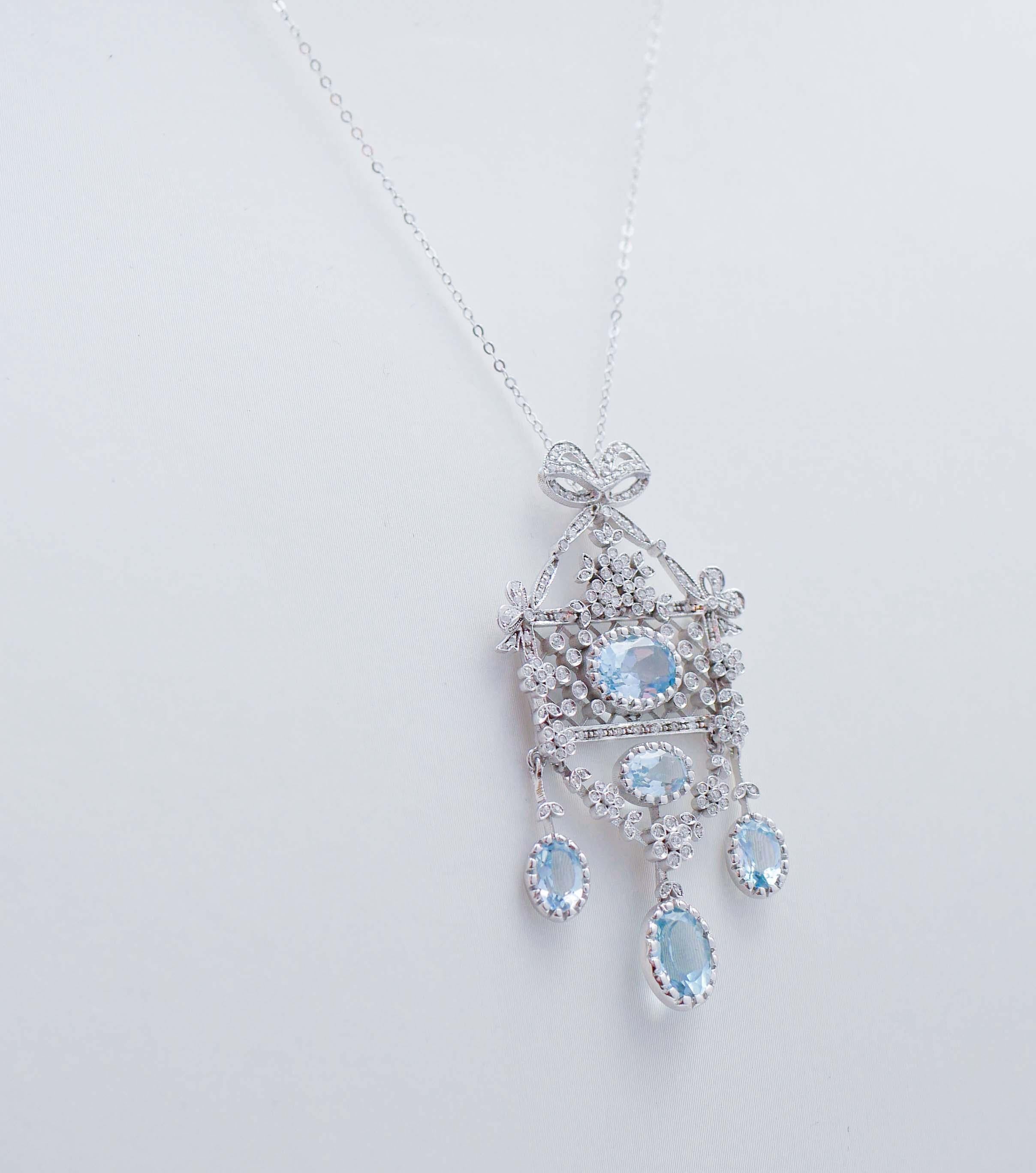 Retro Aquamarine Colour Topazs, Diamonds, 14 Karat White Gold Pendant Necklace. For Sale
