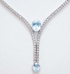 Aquamarine Colour Topazs, Diamonds, 14 Karat White Gold Tennis Necklace.