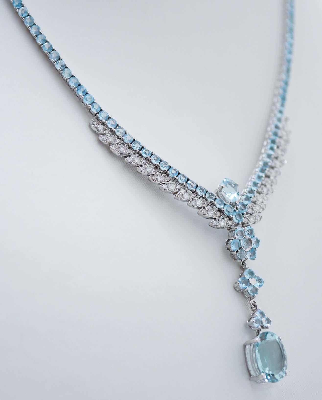 Retro Aquamarine Colour Topazs, Diamonds, 14 Karat White Gold Tennis Necklace. For Sale