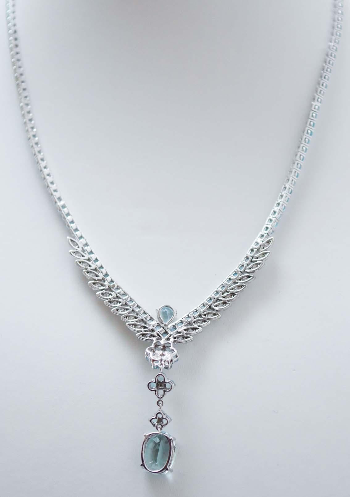 Mixed Cut Aquamarine Colour Topazs, Diamonds, 14 Karat White Gold Tennis Necklace. For Sale