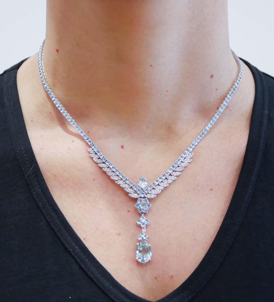 Women's Aquamarine Colour Topazs, Diamonds, 14 Karat White Gold Tennis Necklace. For Sale