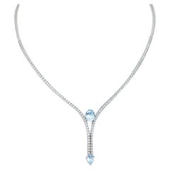 Aquamarine Colour Topazs, Diamonds, 14 Karat White Gold Tennis Necklace.