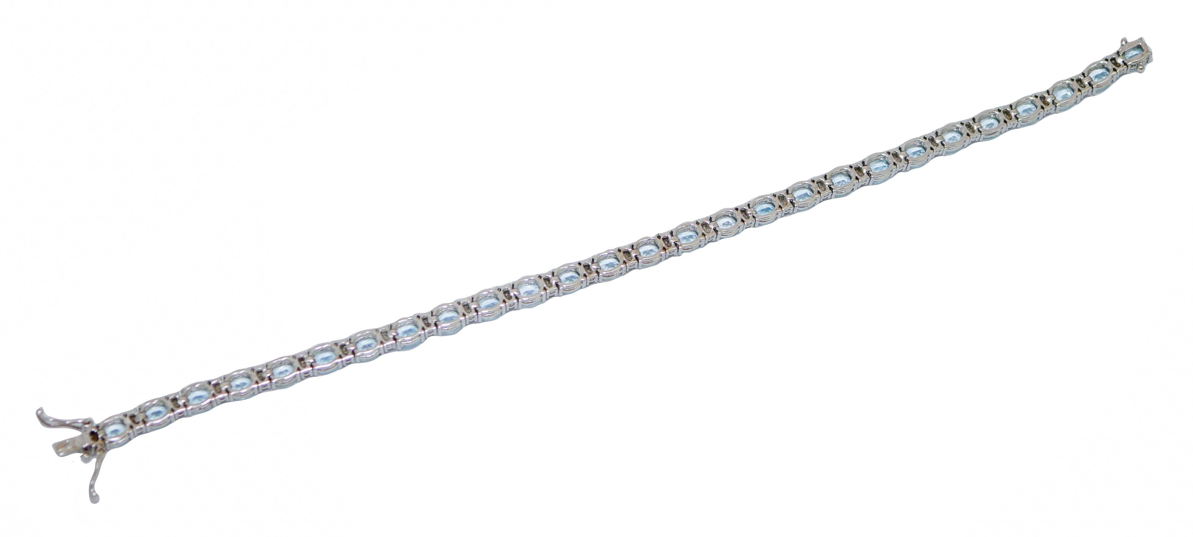 Modern Aquamarine Colour Topazs, Diamonds, 18 Karat White Gold Bracelet For Sale