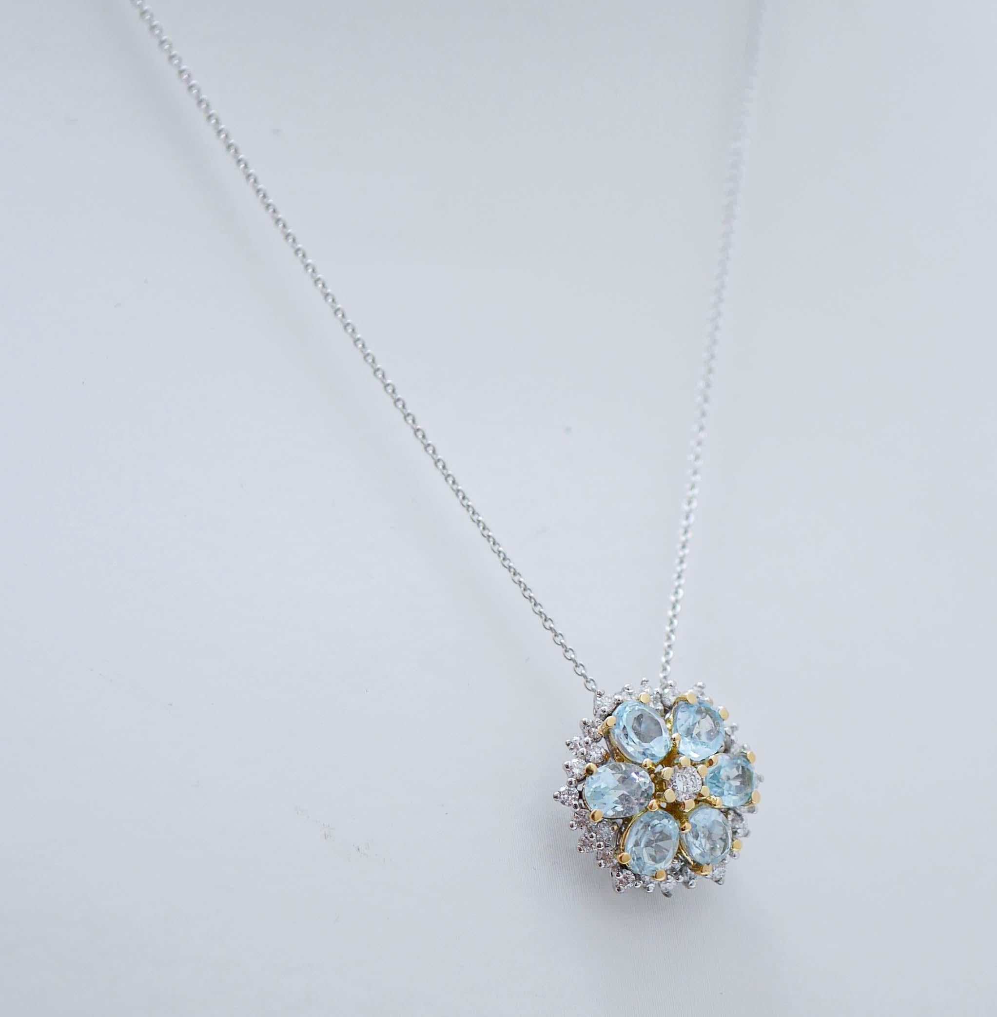 Modern Aquamarine Colour Topazs, Diamonds, 18 Karat White Gold Pendant Necklace. For Sale