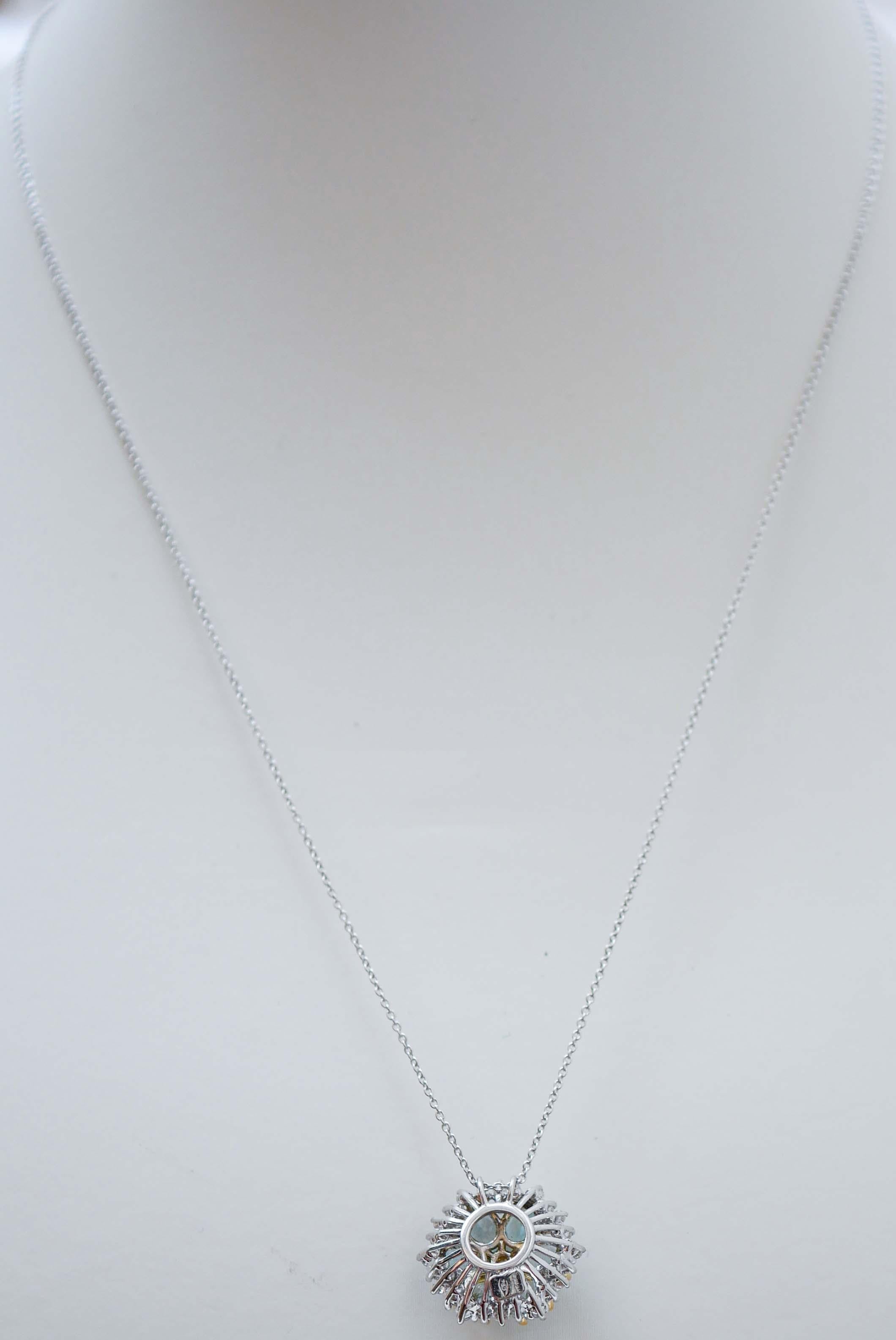 Mixed Cut Aquamarine Colour Topazs, Diamonds, 18 Karat White Gold Pendant Necklace. For Sale