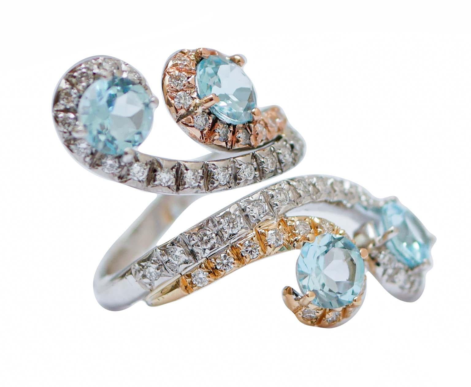 Rétro Bague aigue-marine, diamants, or blanc 18 carats, or rose, or jaune en vente