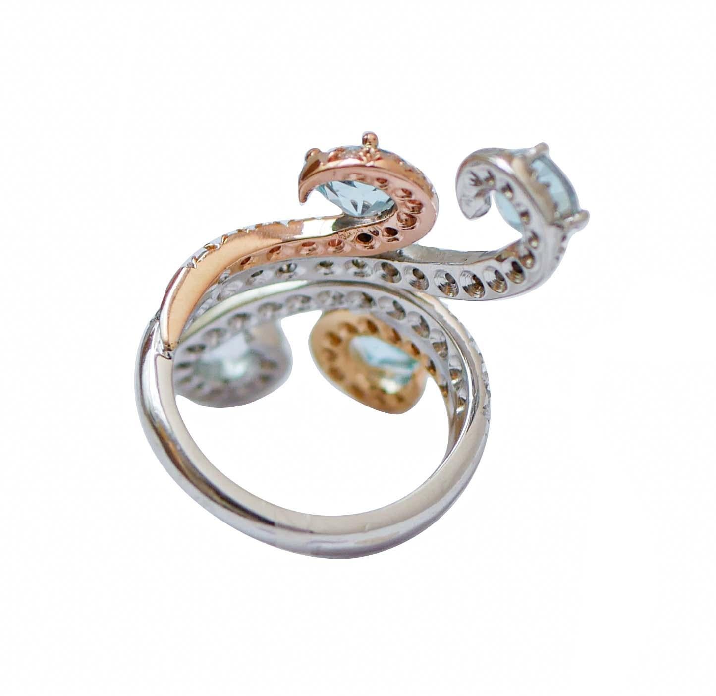 Mixed Cut Aquamarine Colour Topazs, Diamonds, 18Kt White Gold, Rose Gold, Yellow Gold Ring For Sale