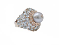 Aquamarine Colour Topazs, Diamonds, Grey Pearl, 14 Karat Rose Gold Ring