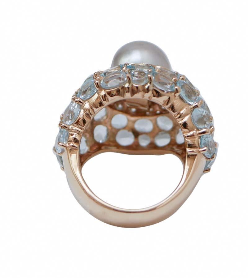 Retro Aquamarine Colour Topazs, Diamonds, Grey Pearl, 14 Karat Rose Gold Ring