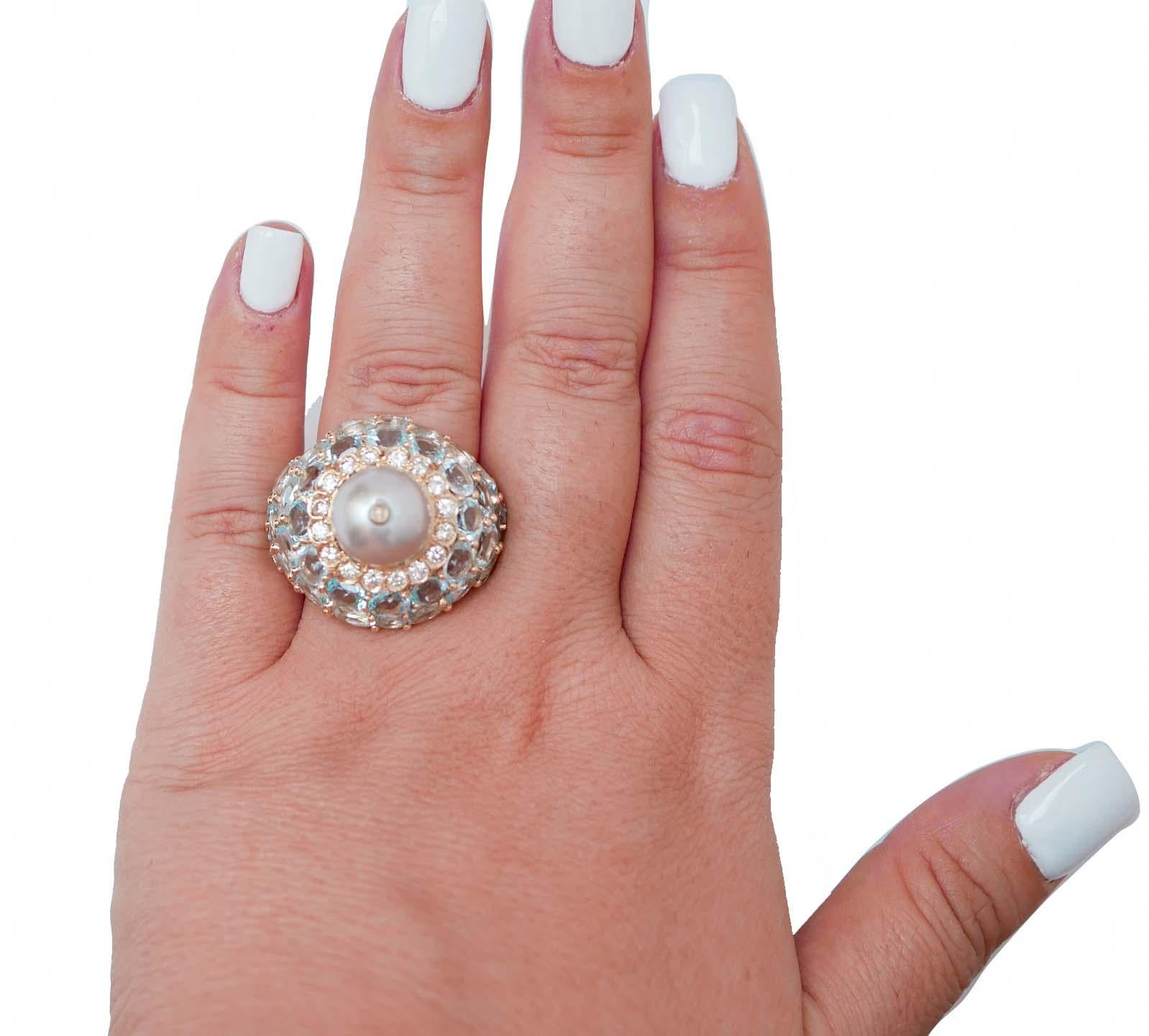 Mixed Cut Aquamarine Colour Topazs, Diamonds, Grey Pearl, 14 Karat Rose Gold Ring