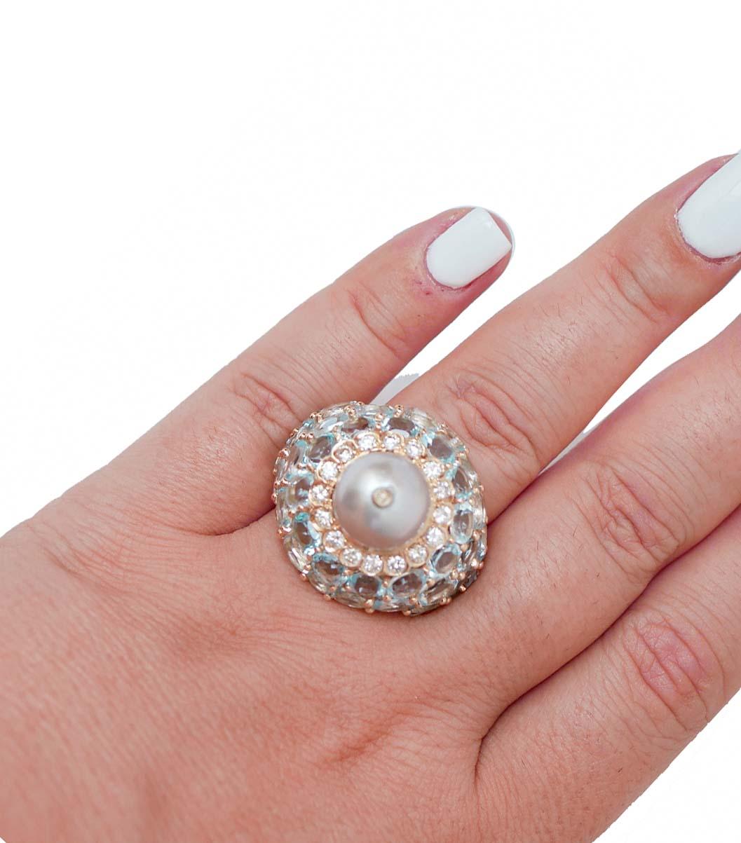 Aquamarine Colour Topazs, Diamonds, Grey Pearl, 14 Karat Rose Gold Ring In Good Condition In Marcianise, Marcianise (CE)