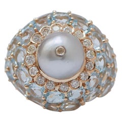 Aquamarine Colour Topazs, Diamonds, Grey Pearl, 14 Karat Rose Gold Ring