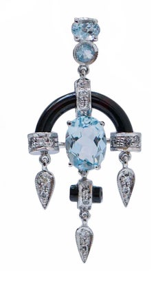 Aquamarine Colour Topazs, Diamonds, Onyx, Platinum Dangle Earrings.