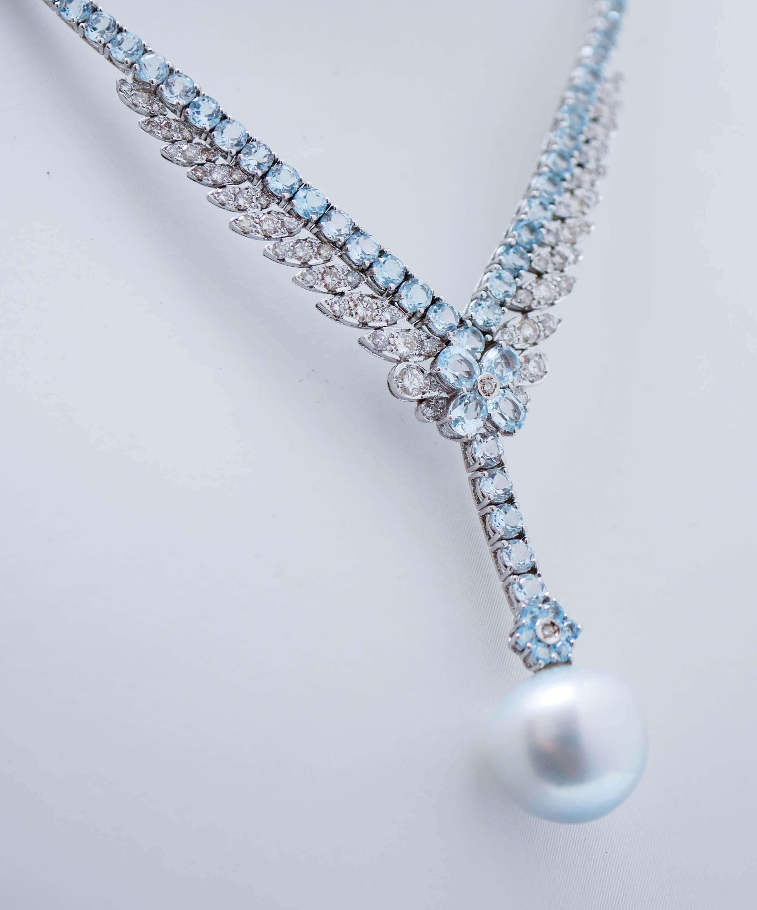 Retro Aquamarine Colour Topazs, Diamonds, Pearl, 14 Karat White Gold Necklace. For Sale