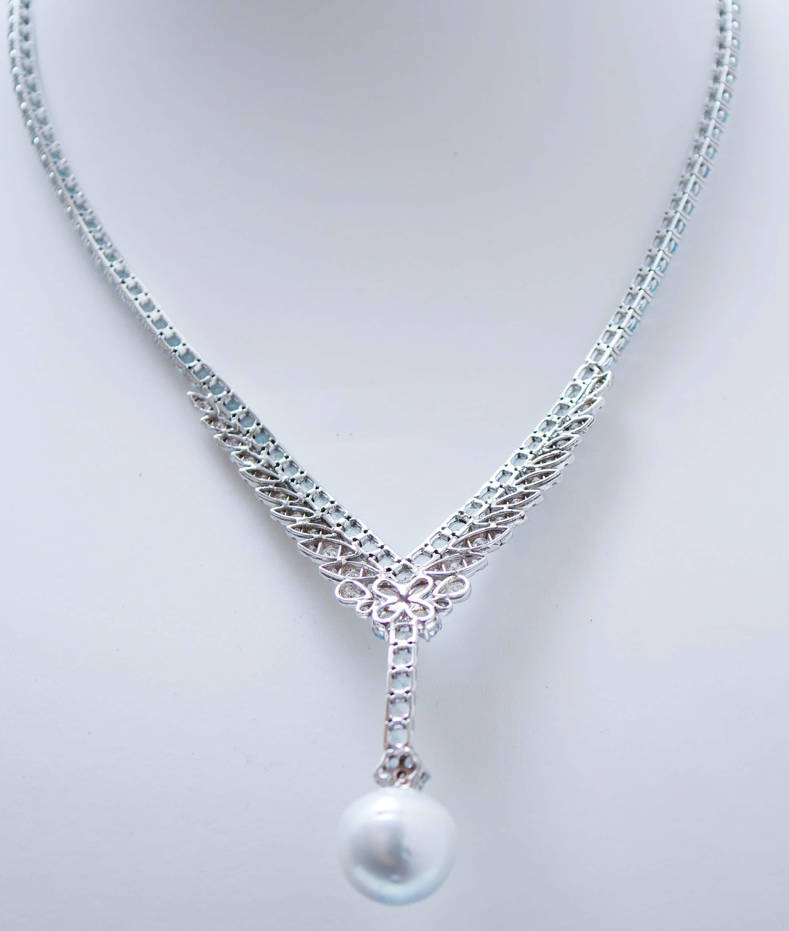 Mixed Cut Aquamarine Colour Topazs, Diamonds, Pearl, 14 Karat White Gold Necklace. For Sale