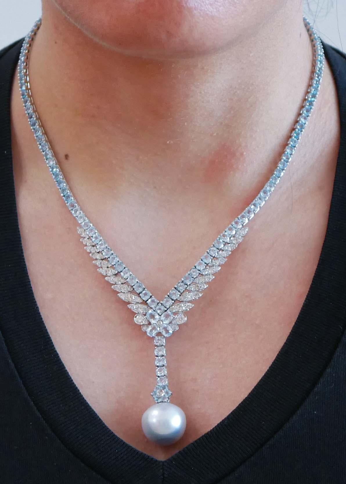 Women's Aquamarine Colour Topazs, Diamonds, Pearl, 14 Karat White Gold Necklace. For Sale
