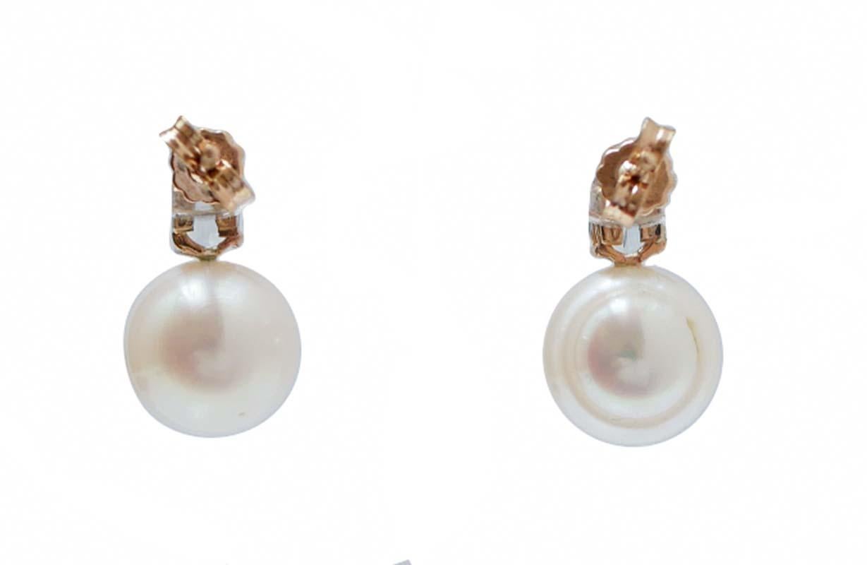 Retro Aquamarine Colour Topazs, Diamonds, Pearls, 14 Karat Rose Gold Earrings. For Sale