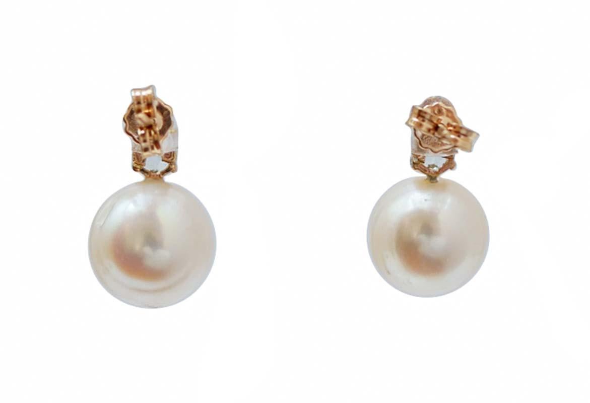 Rétro Boucles d'oreilles en or rose 14 carats, aigue-marine, topazes de couleur, diamants et perles. en vente