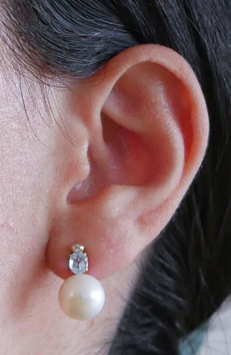 Mixed Cut Aquamarine Colour Topazs, Diamonds, Pearls, 14 Karat Rose Gold Earrings. For Sale
