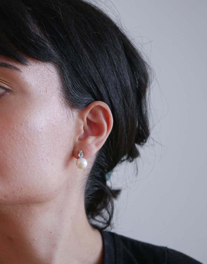 Aquamarine Colour Topazs, Diamonds, Pearls, 14 Karat Rose Gold Earrings. In New Condition For Sale In Marcianise, Marcianise (CE)