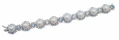 Aquamarine Colour Topazs, Diamonds, Pearls, 14 Karat White Gold Bracelet.