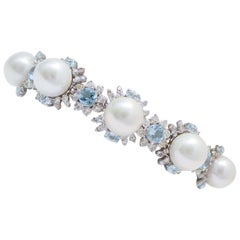 Aquamarine Colour Topazs, Diamonds, Pearls, 14 Karat White Gold Bracelet.