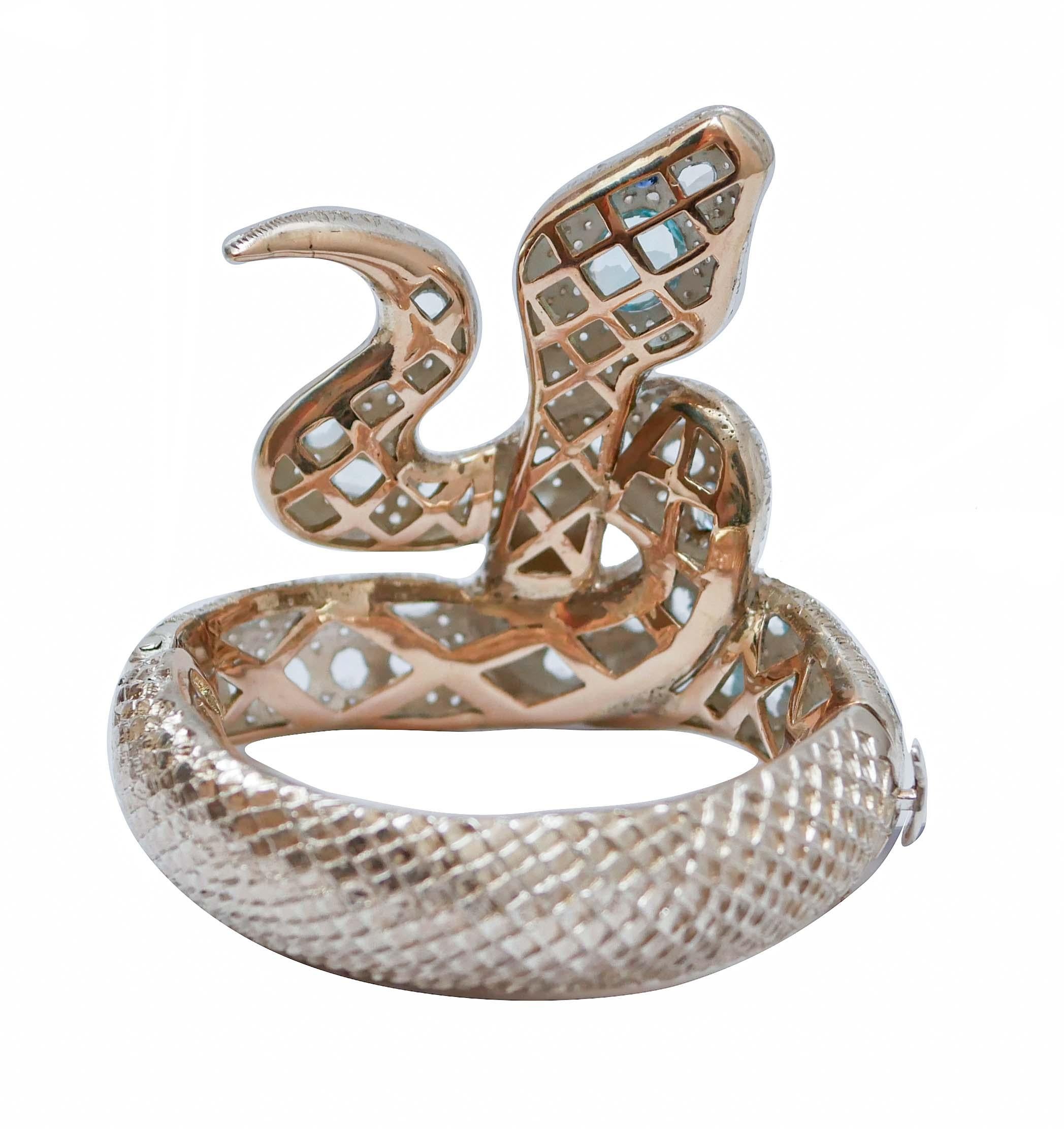 Retro Aquamarine Colour Topazs, Diamonds, Sapphires, Rose Gold and Silver Bracelet. For Sale