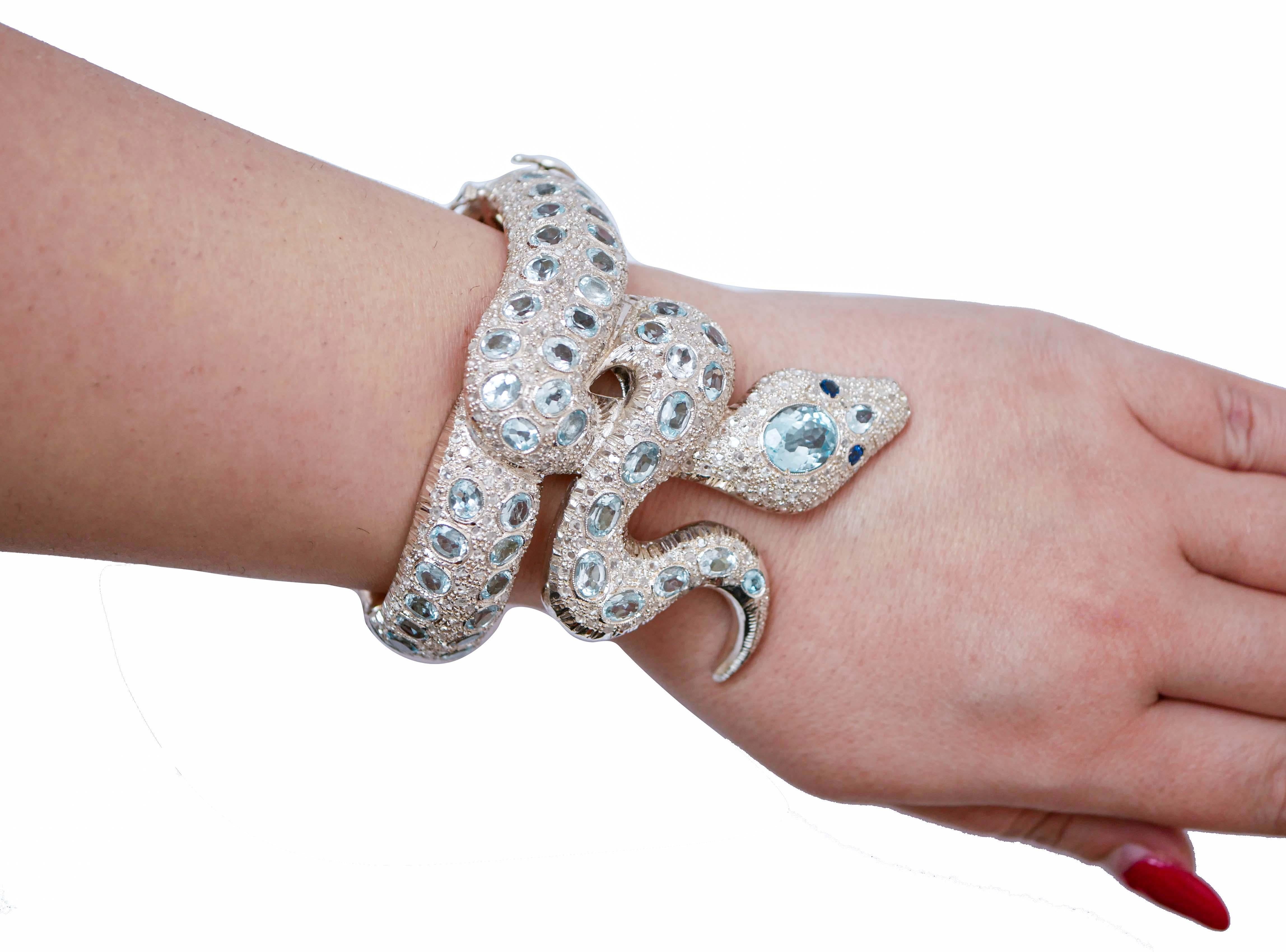 Mixed Cut Aquamarine Colour Topazs, Diamonds, Sapphires, Rose Gold and Silver Bracelet. For Sale
