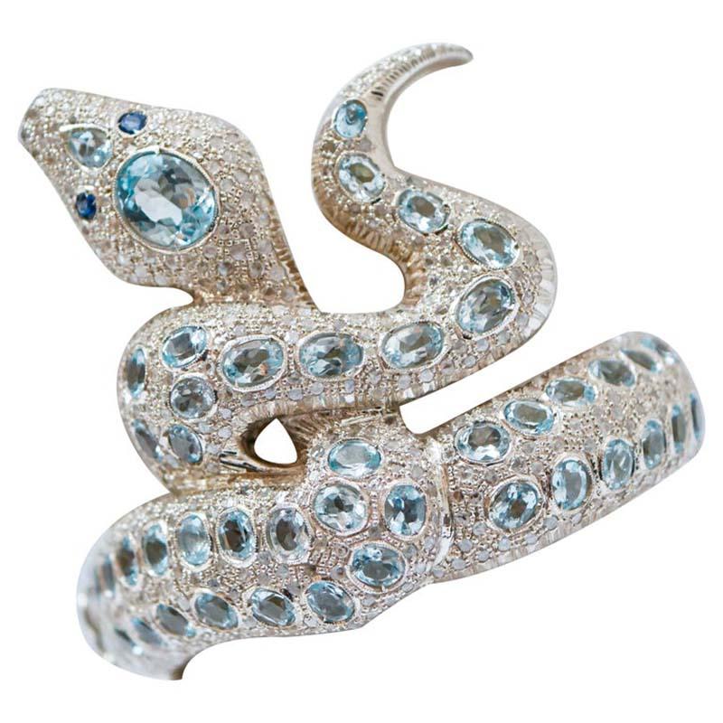 Aquamarine Colour Topazs, Diamonds, Sapphires, Rose Gold and Silver Bracelet. For Sale