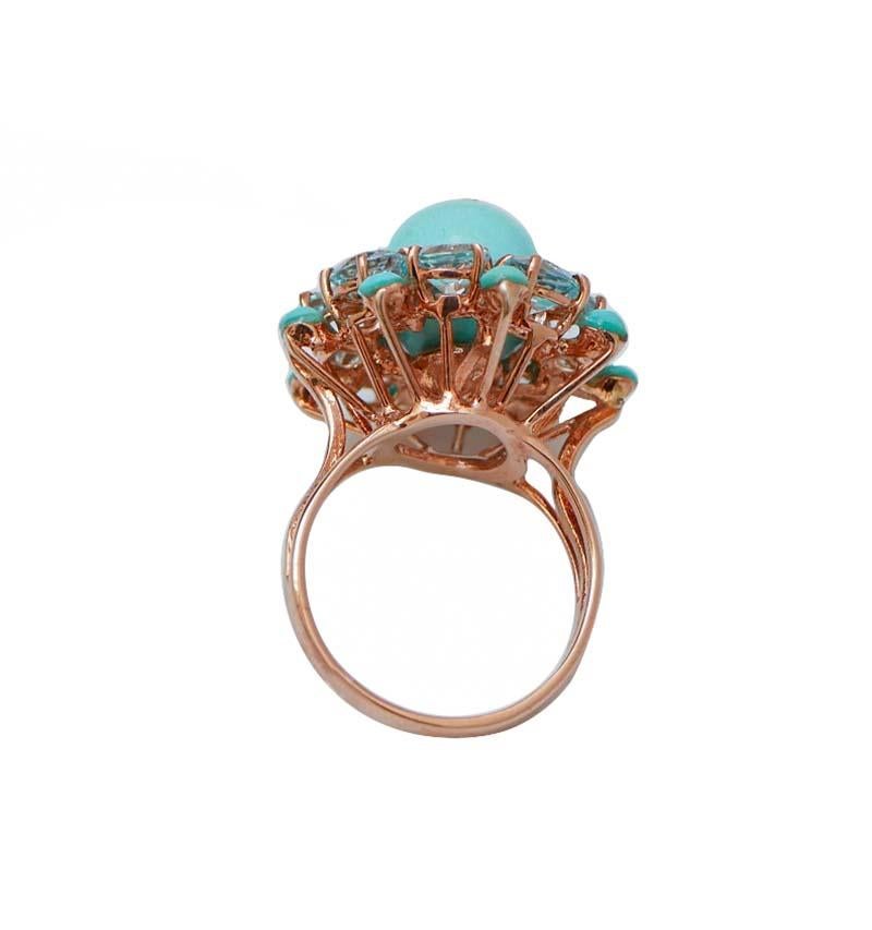 Rétro Anello con Topazi color acquamarina, diamanti, turchese, oro rosa 14 Kt e argento in vendita