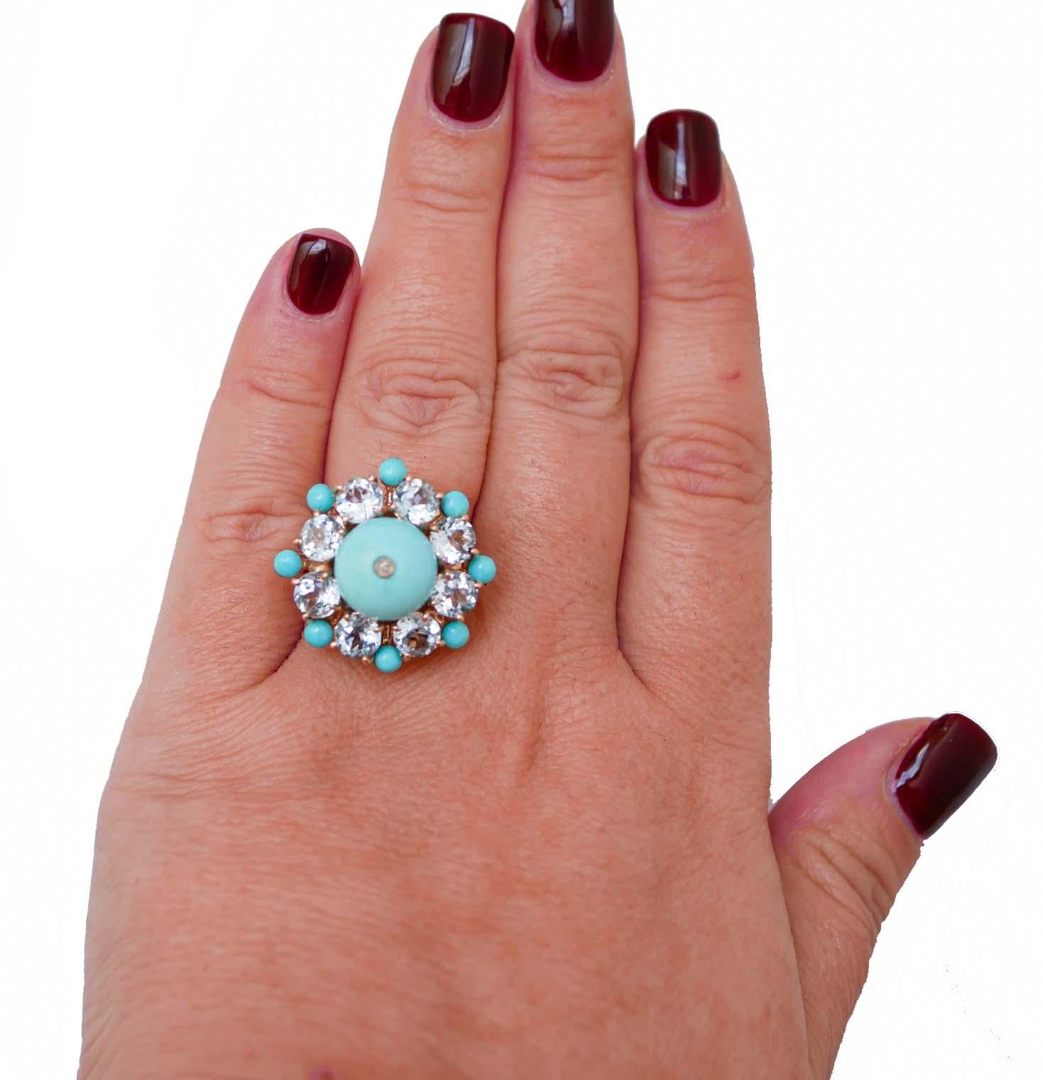 Taglio misto Anello con Topazi color acquamarina, diamanti, turchese, oro rosa 14 Kt e argento in vendita