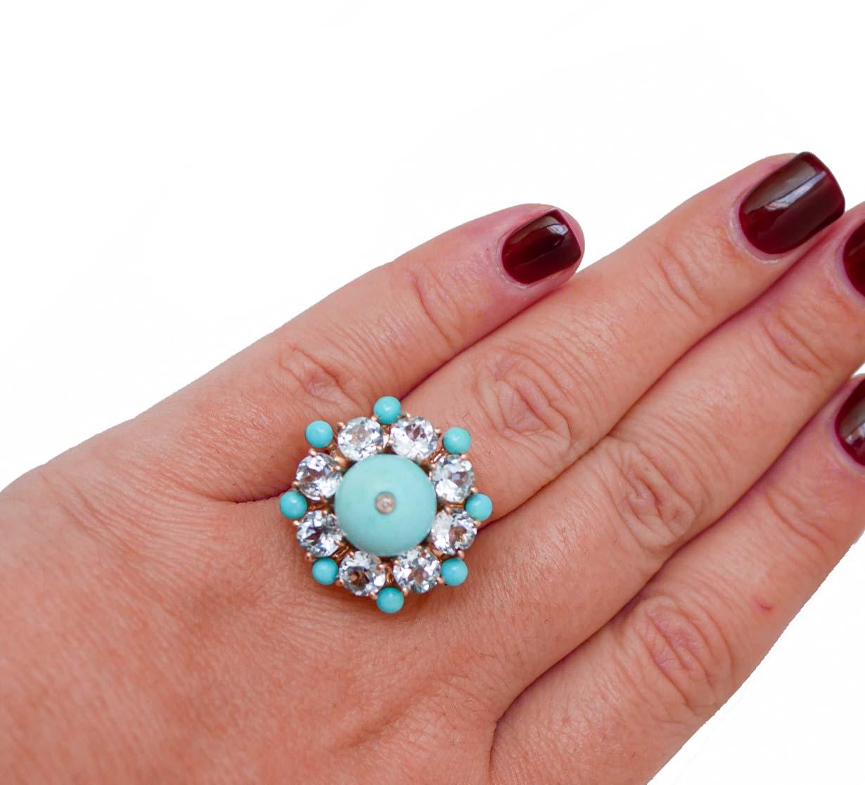 Anello con Topazi color acquamarina, diamanti, turchese, oro rosa 14 Kt e argento In condizioni buone in vendita a Marcianise, Marcianise (CE)