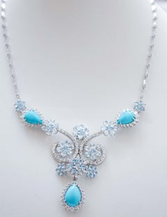 Aquamarine Colour Topazs, Diamonds, Turquoise, 18 Karat White Gold Necklace.
