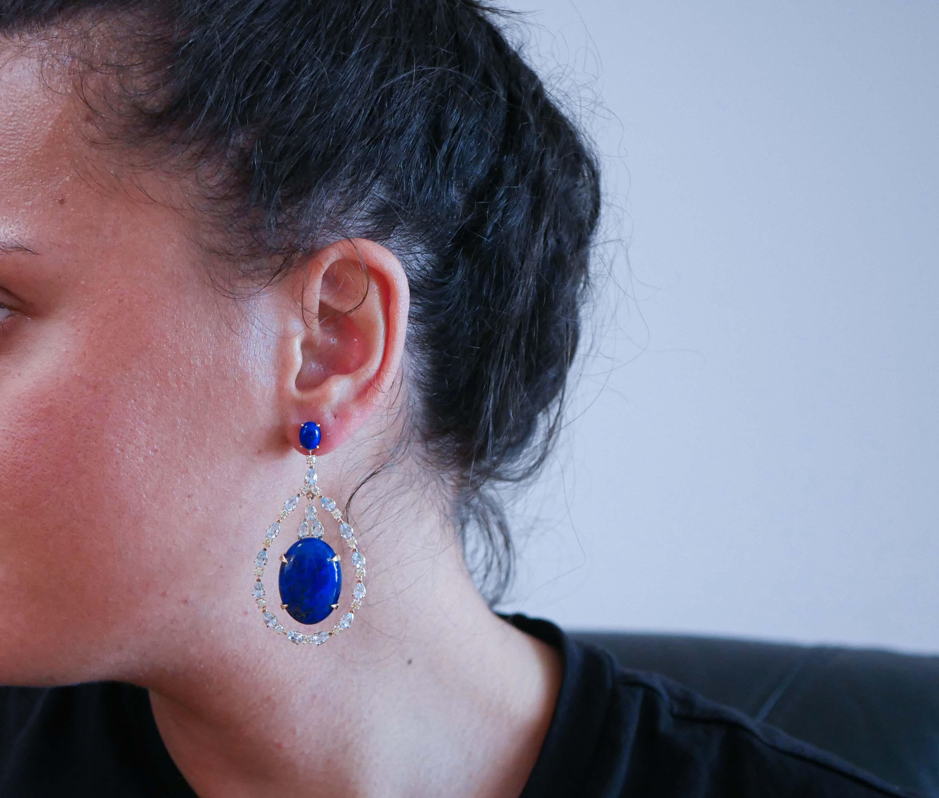 Taille mixte Boucles d'oreilles en or rose 14 carats, topaze, lapis et diamants de couleur aigue-marine en vente