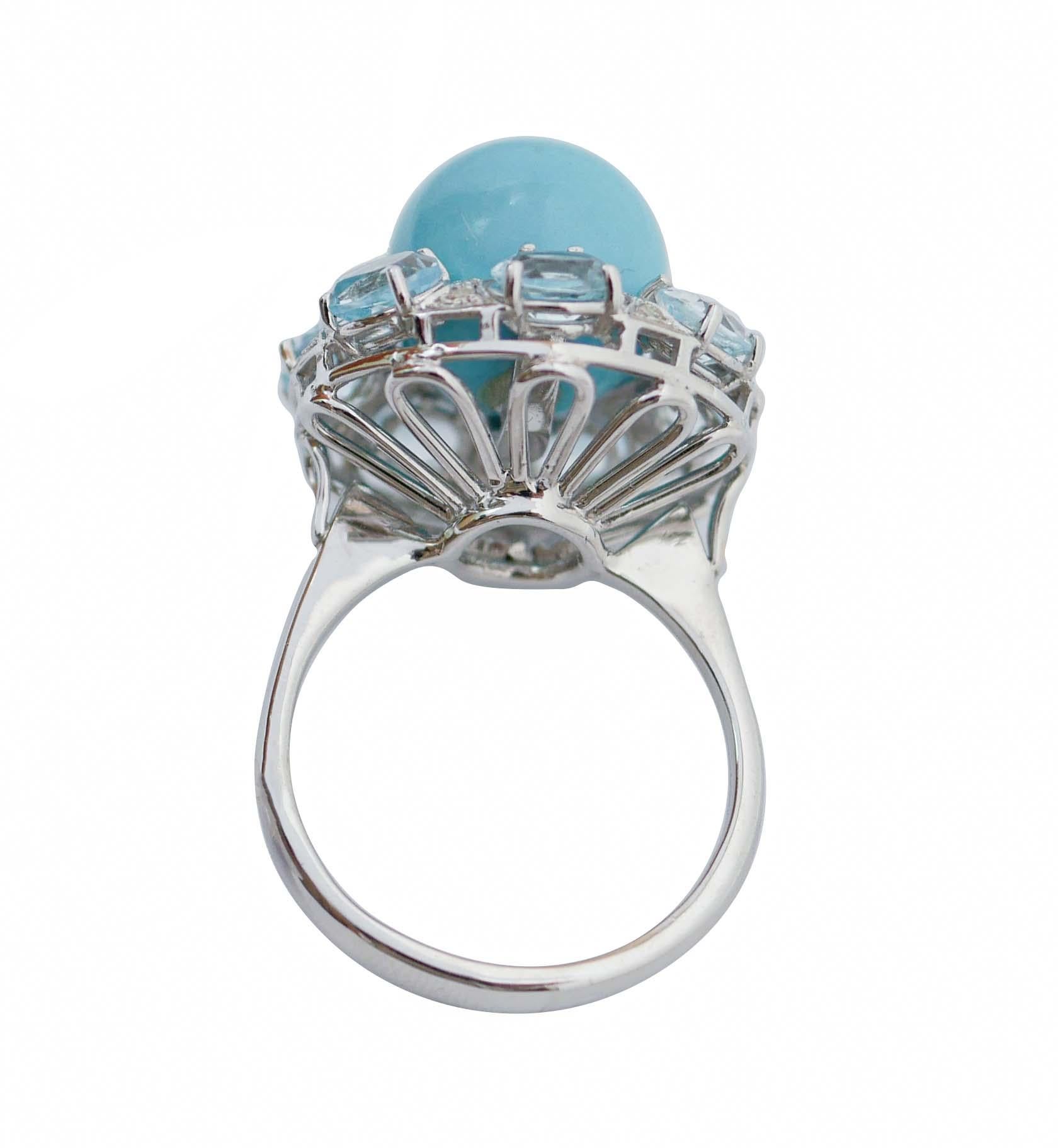 Retro Aquamarine Colour Topazs, Magnesite, Diamonds, 14 Karat White Gold Ring. For Sale