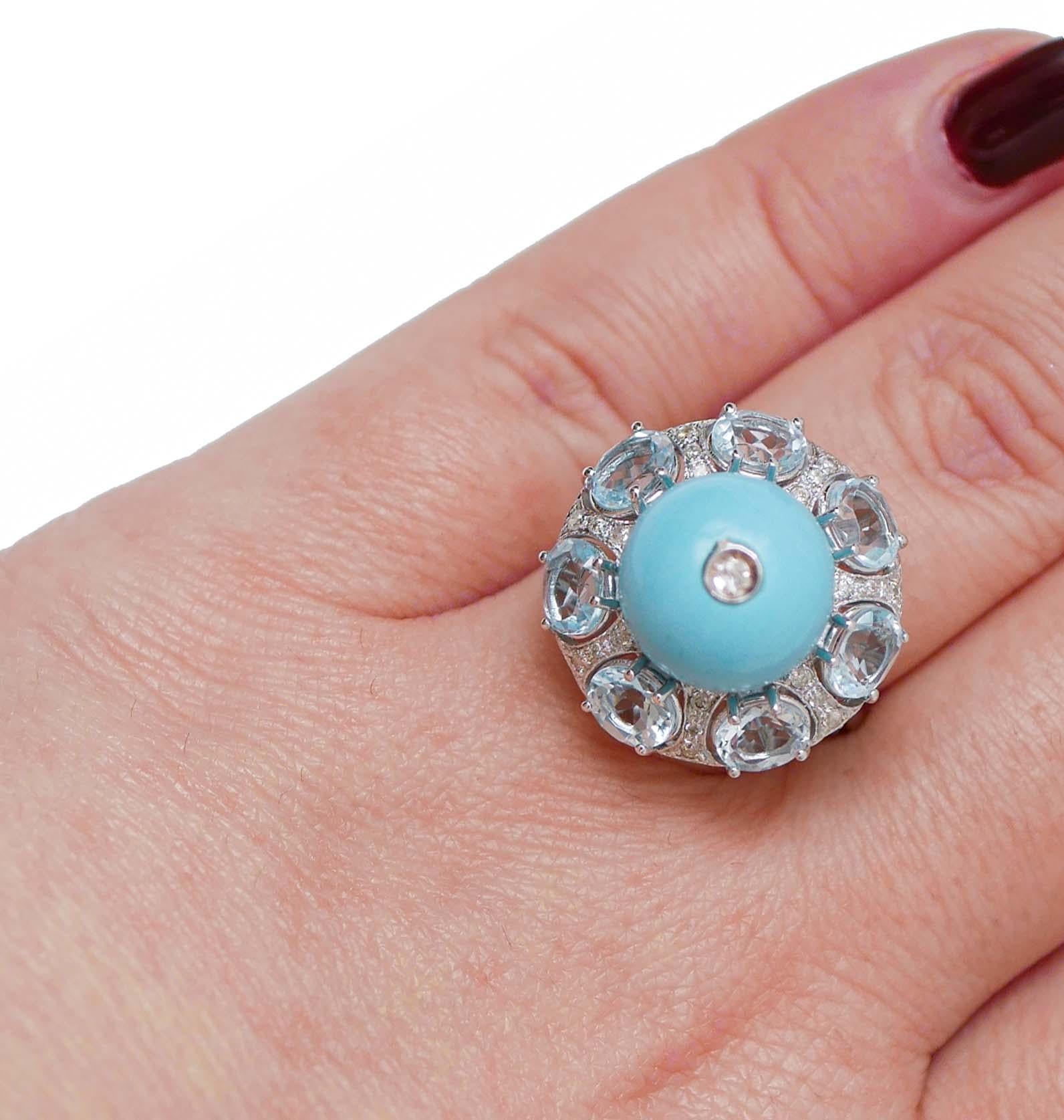 Aquamarine Colour Topazs, Magnesite, Diamonds, 14 Karat White Gold Ring. In Good Condition For Sale In Marcianise, Marcianise (CE)