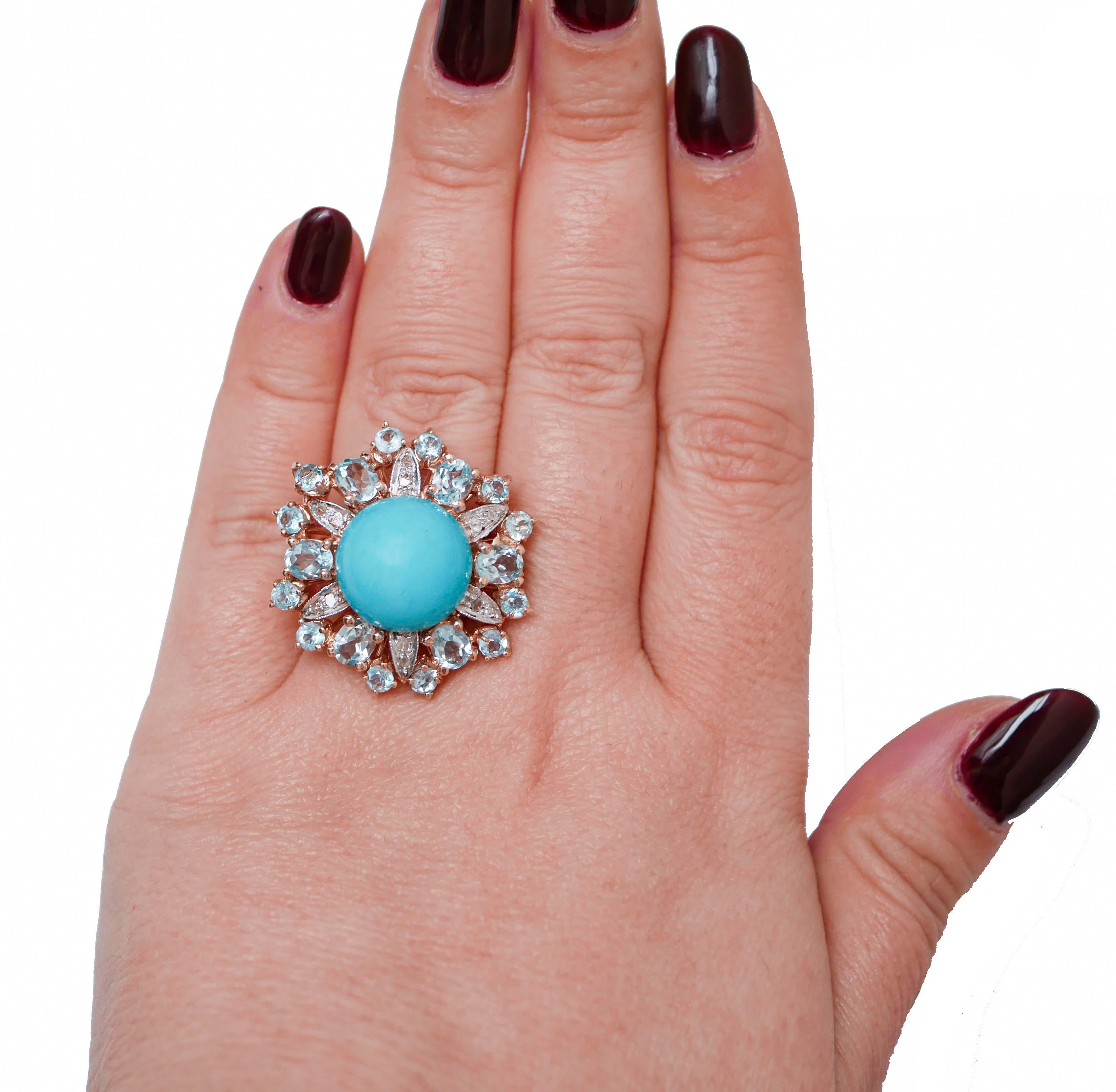 Mixed Cut Aquamarine Colour Topazs, Magnesite, Diamonds, Rose Gold and Silver Ring. For Sale