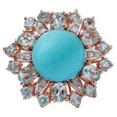 Topazi color acquamarina, magnesite, diamanti, anello in oro rosa e argento.