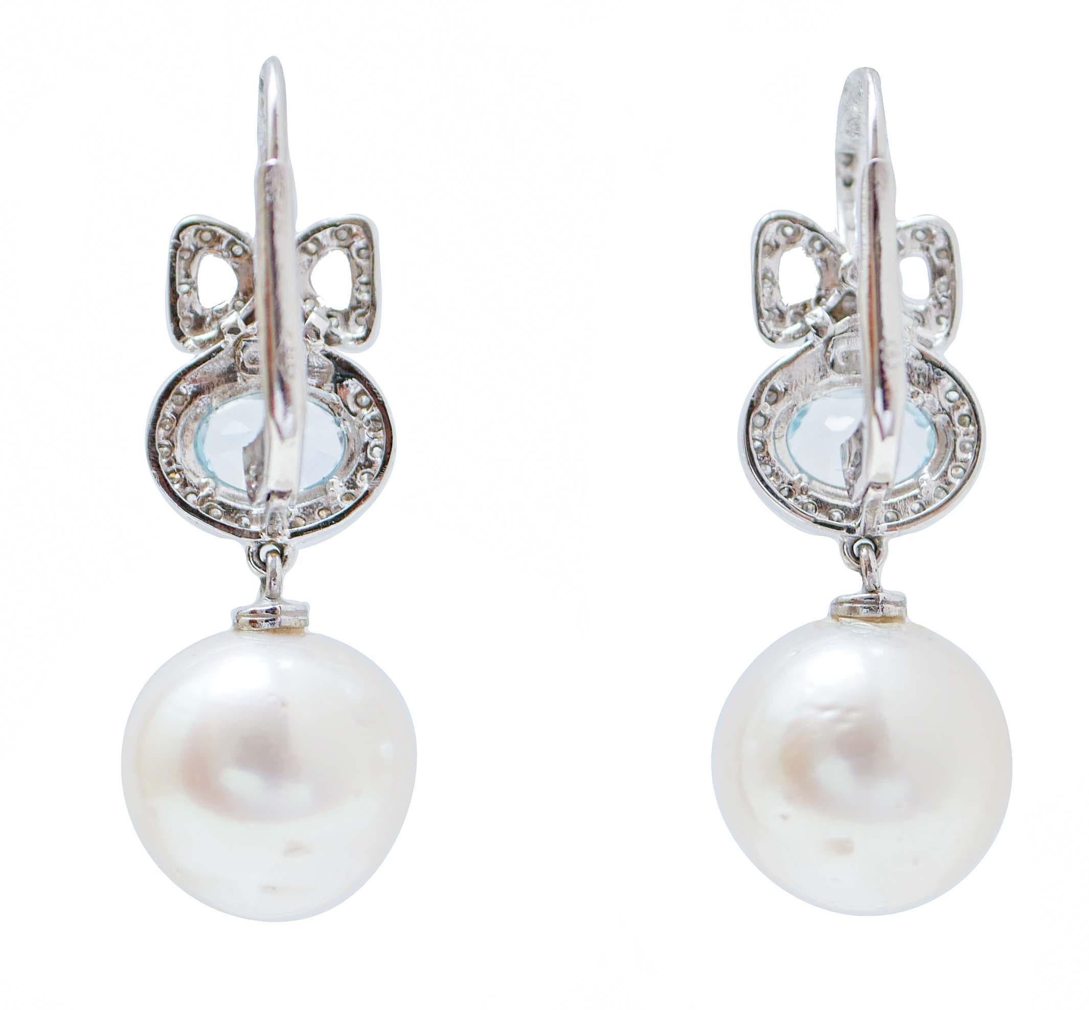Retro Aquamarine Colour Topazs, Pearls, Diamonds, 14 Karat White Gold Earrings. For Sale