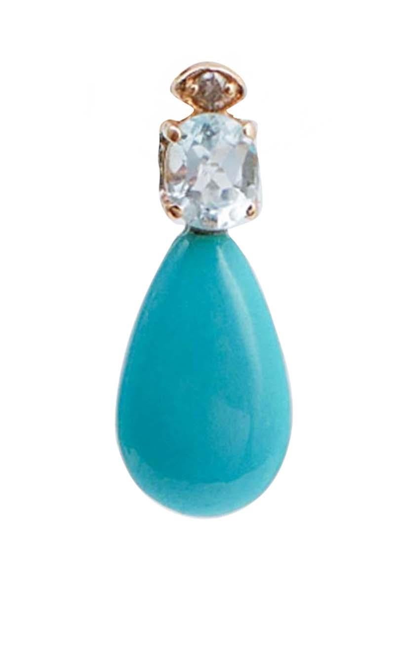 Fantastic earrings in 14 kt rose gold structure mounted with a diamond and a topaz in the upper part; below, a turquoise.
Diamonds 0.04 ct
Topaz  0.93 ct
Turquoise 1.10 gr
Total Weight 2.20 gr
RF +IGA

For any information, feel free to contact the