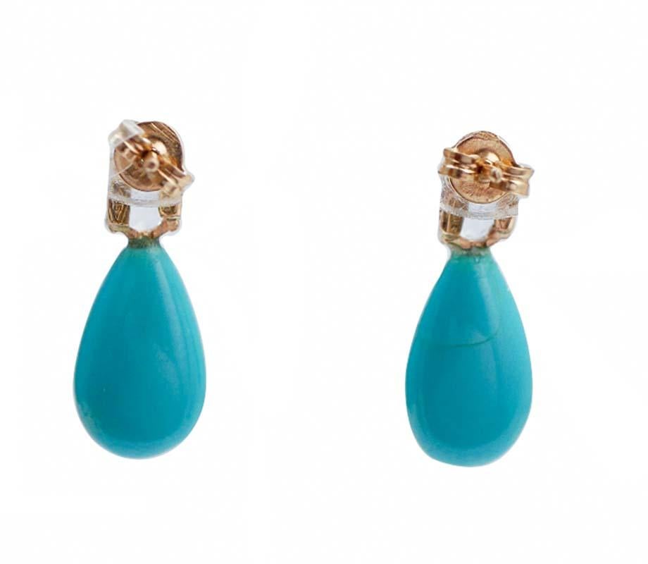 Retro Aquamarine Colour Topazs, Turquoise, Diamonds, 14 Karat Rose Gold Earrings. For Sale