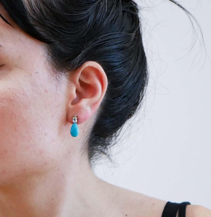 Mixed Cut Aquamarine Colour Topazs, Turquoise, Diamonds, 14 Karat Rose Gold Earrings. For Sale