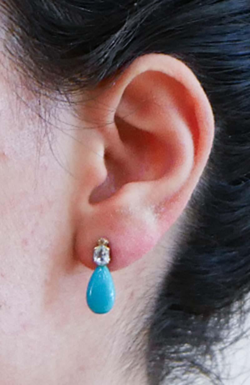 Aquamarine Colour Topazs, Turquoise, Diamonds, 14 Karat Rose Gold Earrings. In New Condition For Sale In Marcianise, Marcianise (CE)