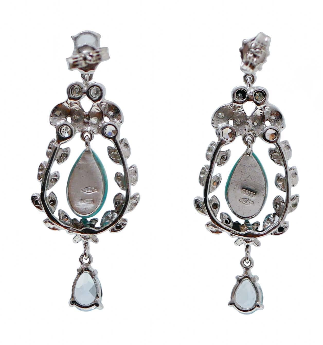 Retro Aquamarine Colour Topazs, Turquoise, Diamonds, 14 Kt White Gold Earrings. For Sale