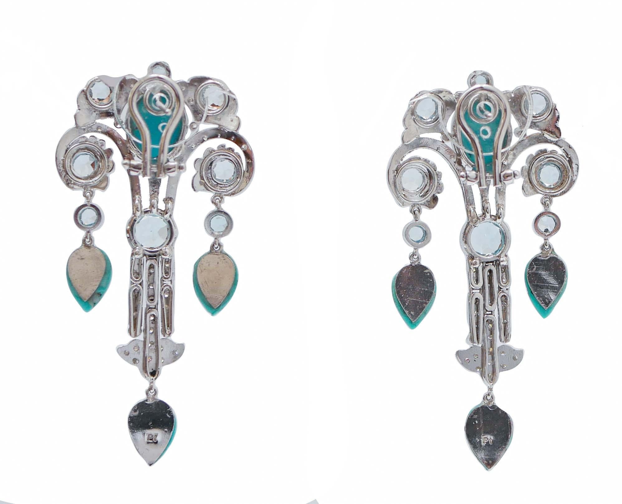 Retro Aquamarine Colour Topazs, Turquoise, Diamonds, 14Kt White Gold Platinum Earring For Sale