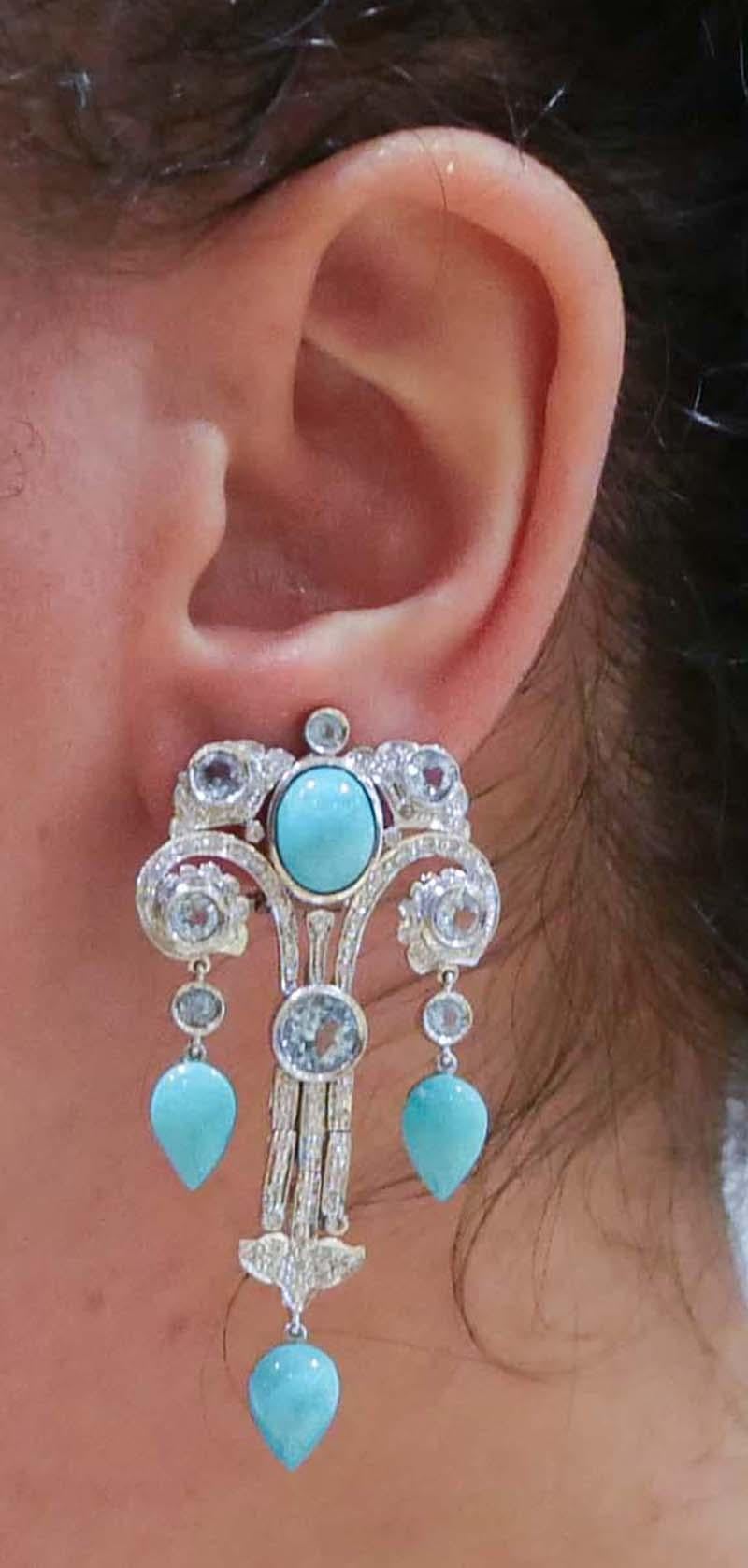 Aquamarine Colour Topazs, Turquoise, Diamonds, 14Kt White Gold Platinum Earring In Good Condition For Sale In Marcianise, Marcianise (CE)