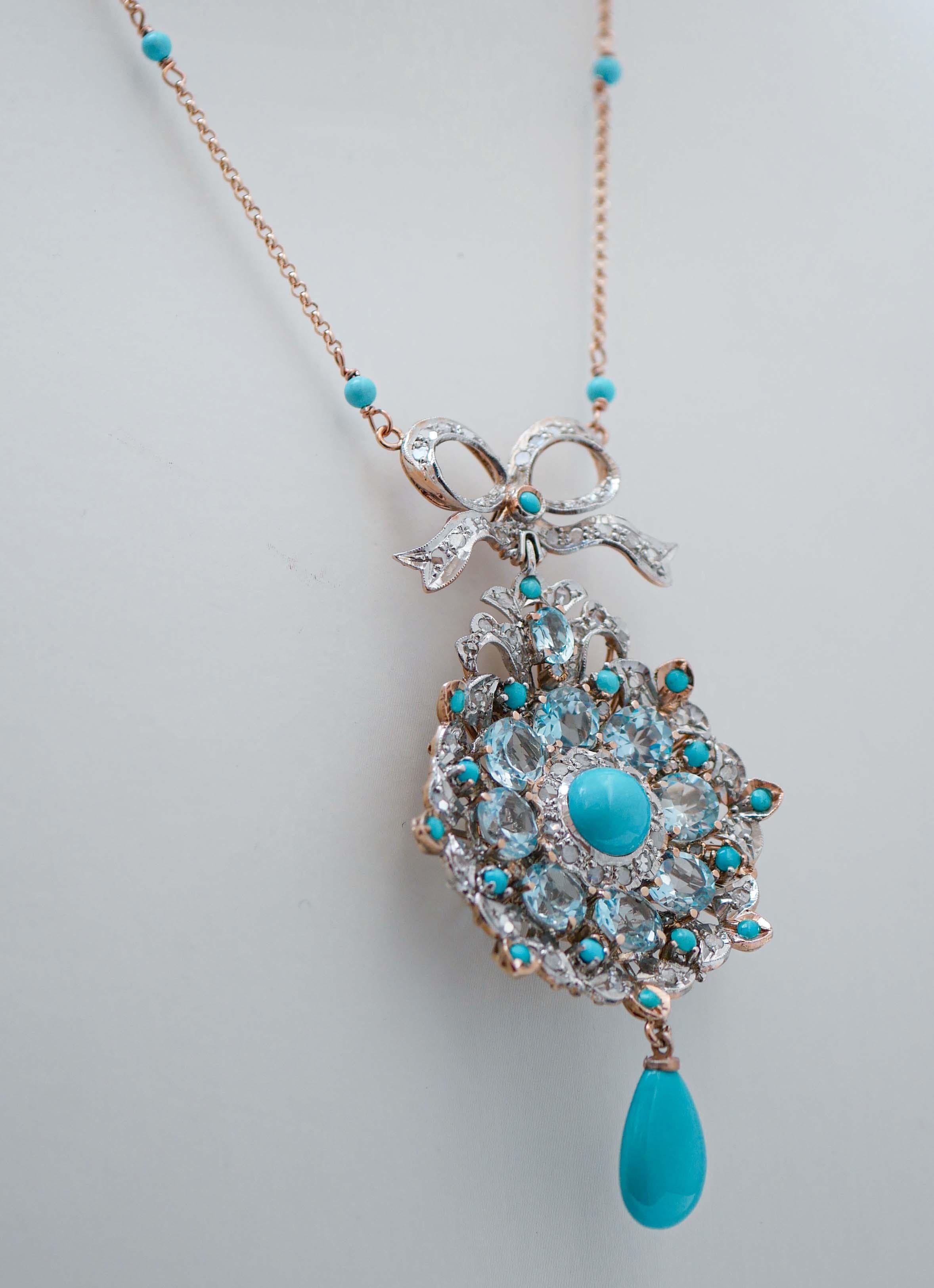 Retro Aquamarine Colour Topazs, Turquoise, Diamonds, Gold and Silver Pendant Necklace. For Sale