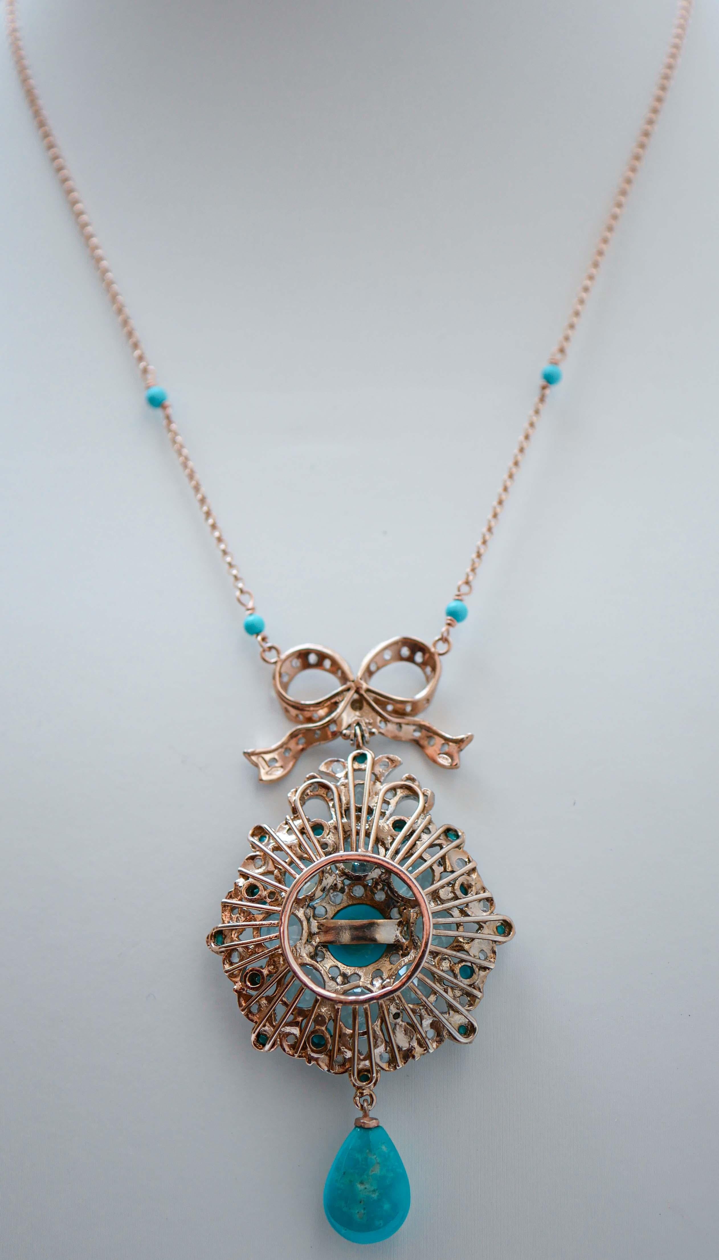 Mixed Cut Aquamarine Colour Topazs, Turquoise, Diamonds, Gold and Silver Pendant Necklace.