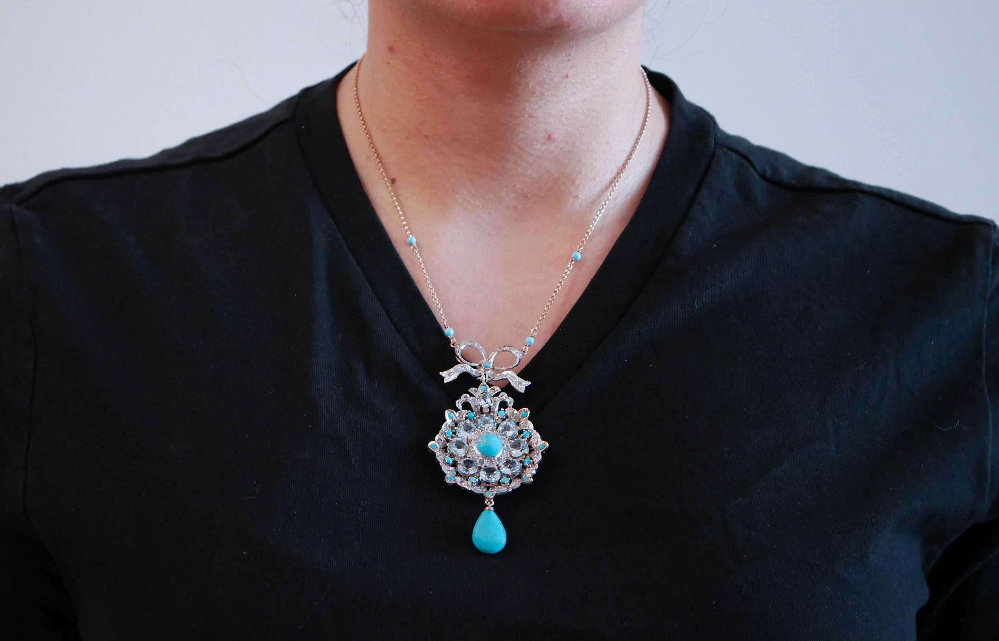 Aquamarine Colour Topazs, Turquoise, Diamonds, Gold and Silver Pendant Necklace. In Good Condition For Sale In Marcianise, Marcianise (CE)